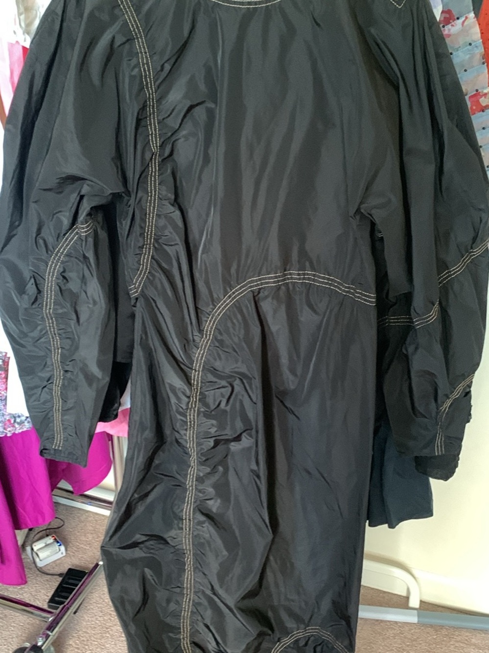 Never worn Ganni Black Long Raincoat with Contrast Stitching